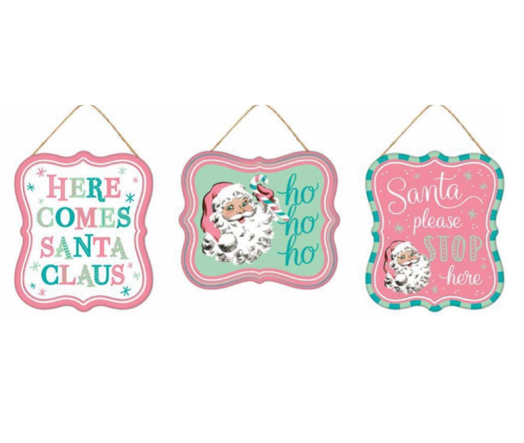 Mint Green, turquoise, and pink santa signs x 3signs - Greenery MarketChristmasMd1213a7 x 3 signs