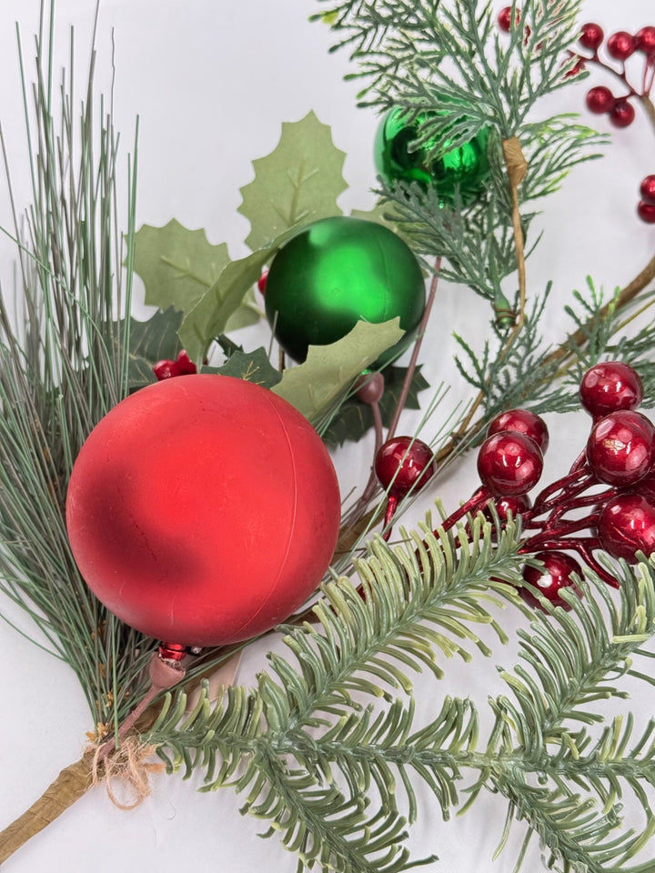Mixed Greenery And Berries Spray With Ornaments - Greenery MarketC26289