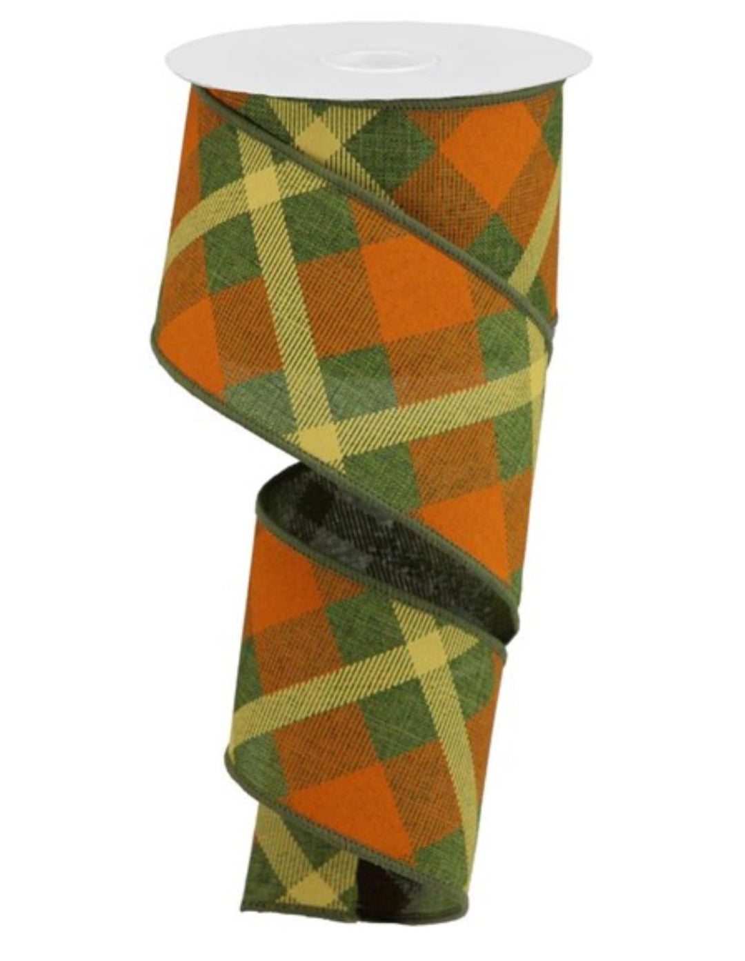 moss green and orange printed plaid on royal wired ribbon - Greenery MarketWired ribbonRG01683MX