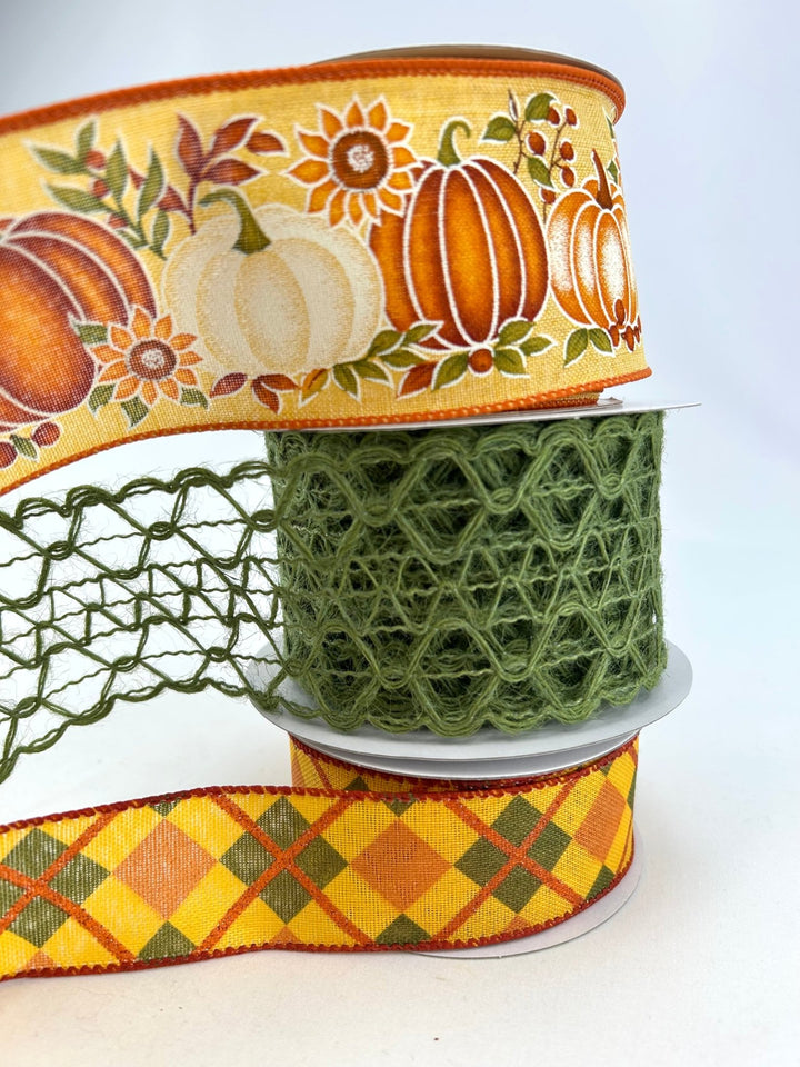 Moss Mustard Pumpkin Bow Bundle x 3 Ribbons - Greenery MarketMossMustX3
