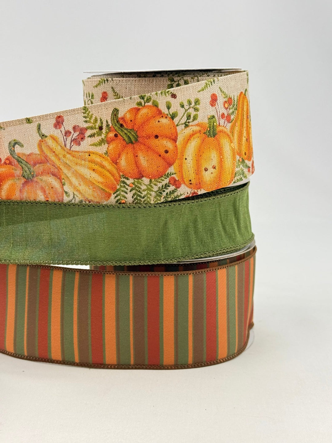 Mossy Green and Orange Pumpkin Bow Bundle x 3 Ribbons - Greenery Market