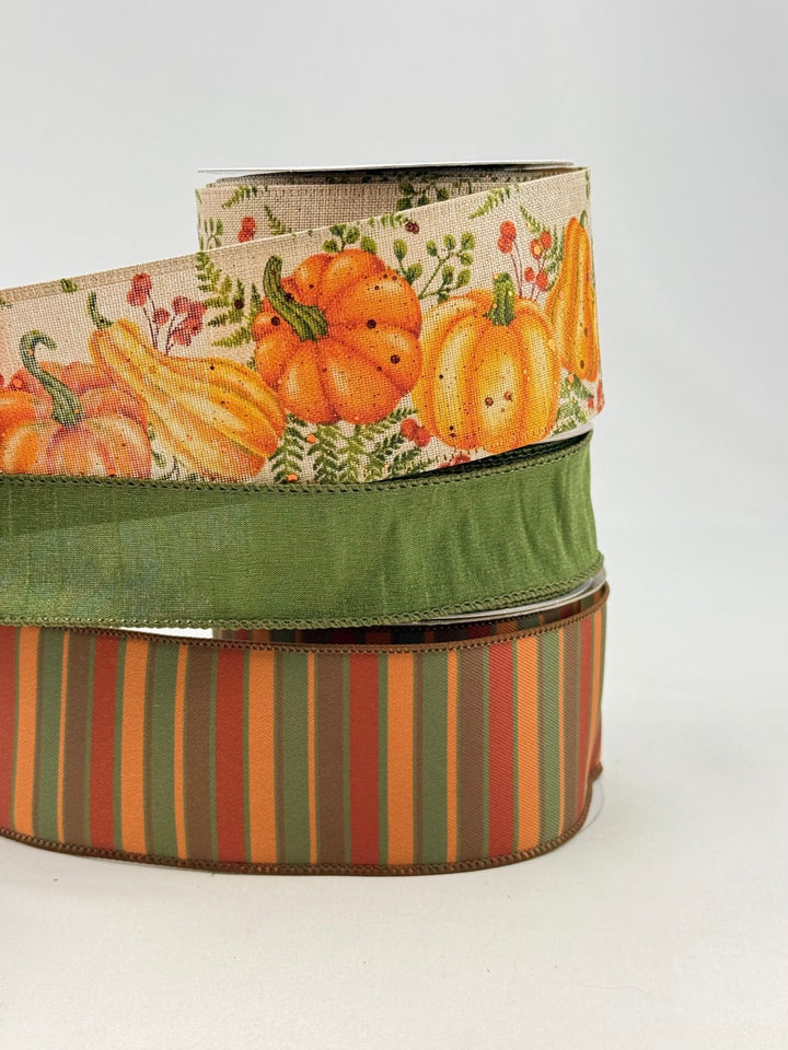 Mossy Green and Orange Pumpkin Bow Bundle x 3 Ribbons - Greenery Market
