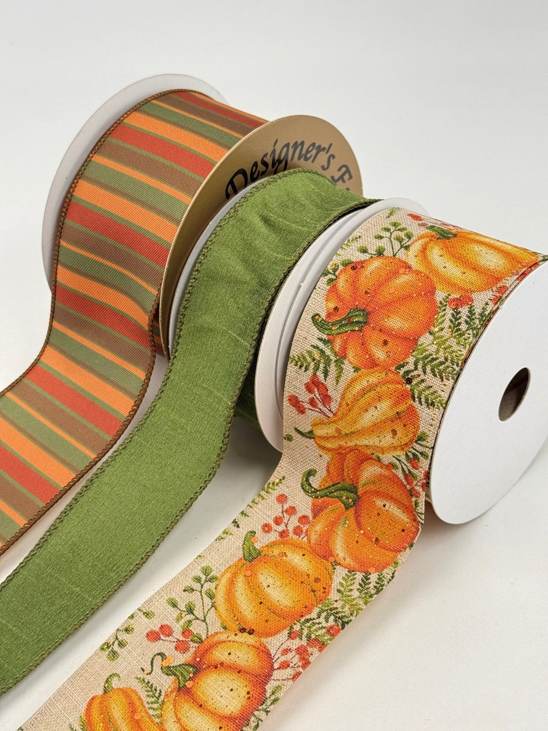 Mossy Green and Orange Pumpkin Bow Bundle x 3 Ribbons - Greenery Market