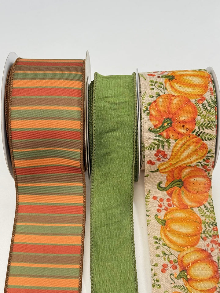 Mossy Green and Orange Pumpkin Bow Bundle x 3 Ribbons - Greenery Market