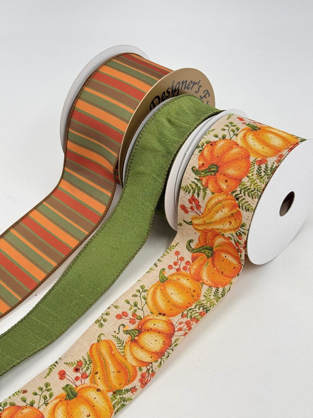 Mossy Green and Orange Pumpkin Bow Bundle x 3 Ribbons - Greenery Market