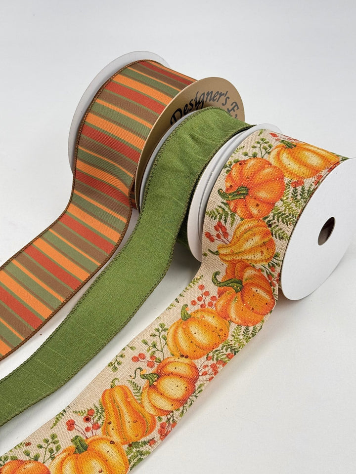 Mossy Green and Orange Pumpkin Bow Bundle x 3 Ribbons - Greenery Market