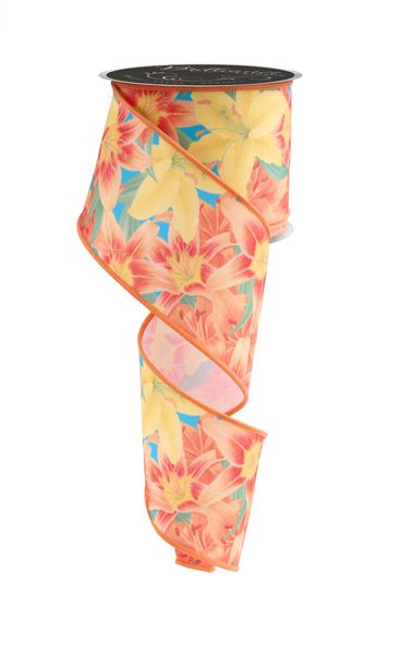 Multi Orange, Yellow, & Green Lilies Ribbon - 2.5" - Greenery MarketWired RibbonLS104320