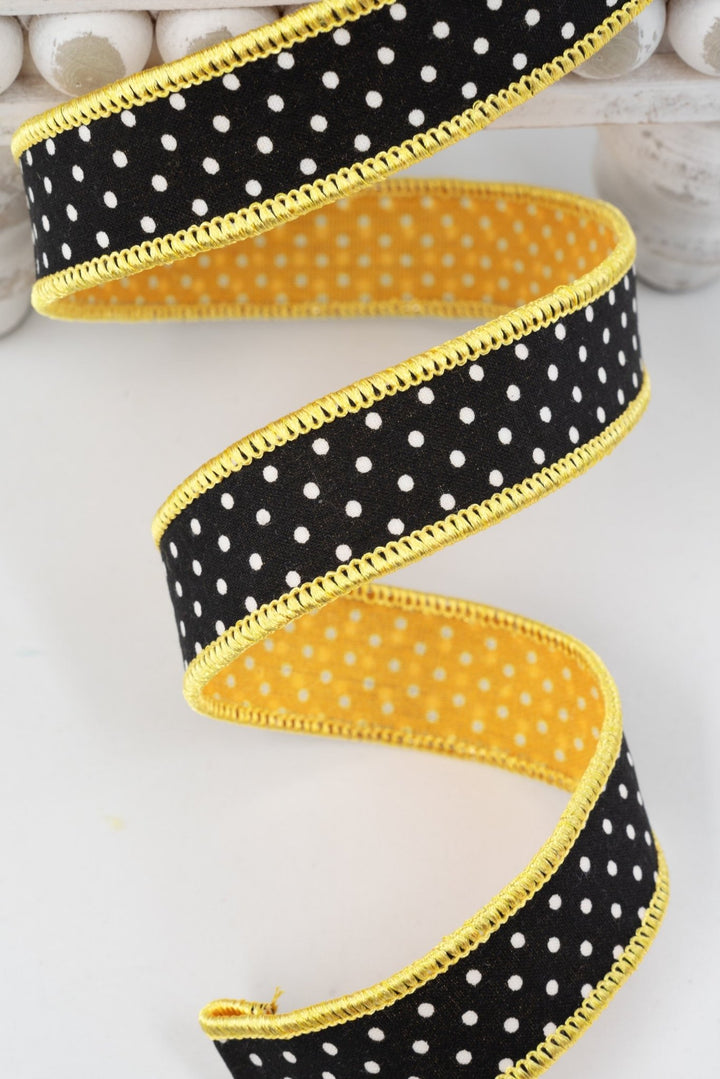 Nancy Brown Home Black & White Polka Dots | Yellow & White Polka Dots With Yellow Piping Double Sided Wired Ribbon - 1" - Greenery MarketWired Ribbon26-1360A
