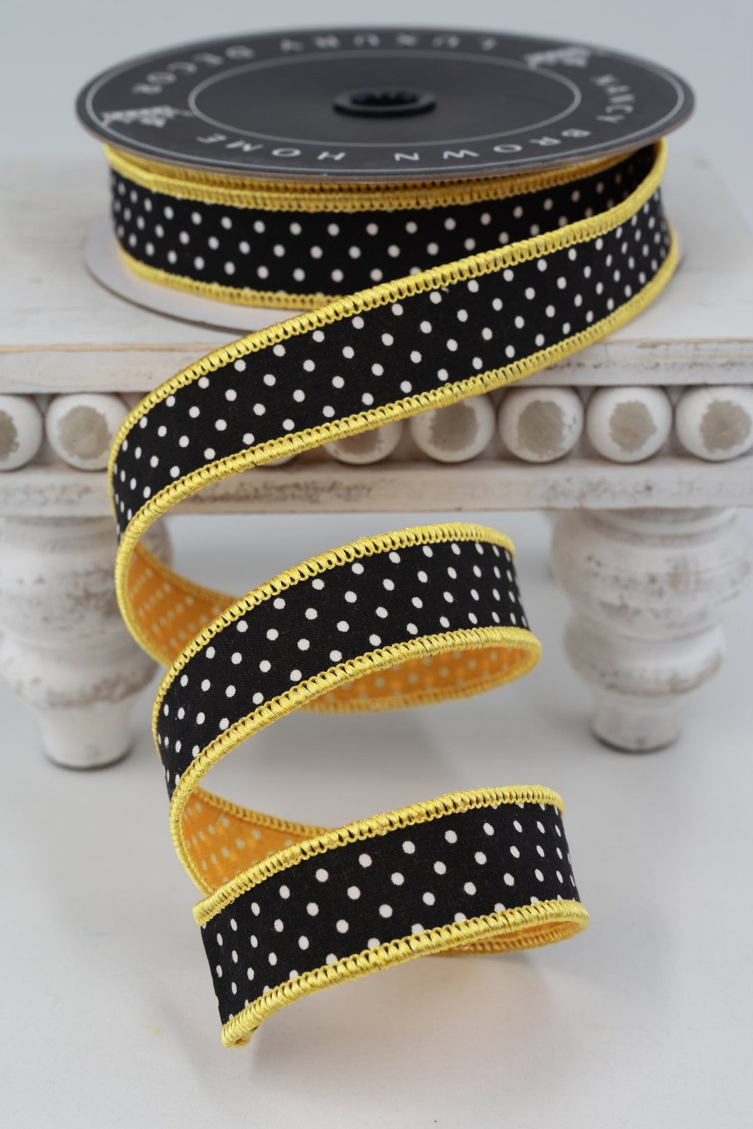 Nancy Brown Home Black & White Polka Dots | Yellow & White Polka Dots With Yellow Piping Double Sided Wired Ribbon - 1" - Greenery MarketWired Ribbon26-1360A