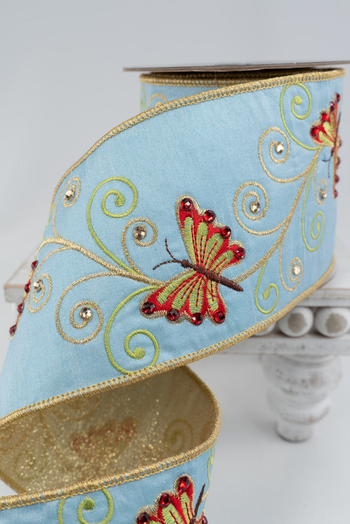 Nancy Brown Home Blue Butterfly Double Sided Wired Ribbon - 4" - Greenery MarketWired Ribbon26-227D