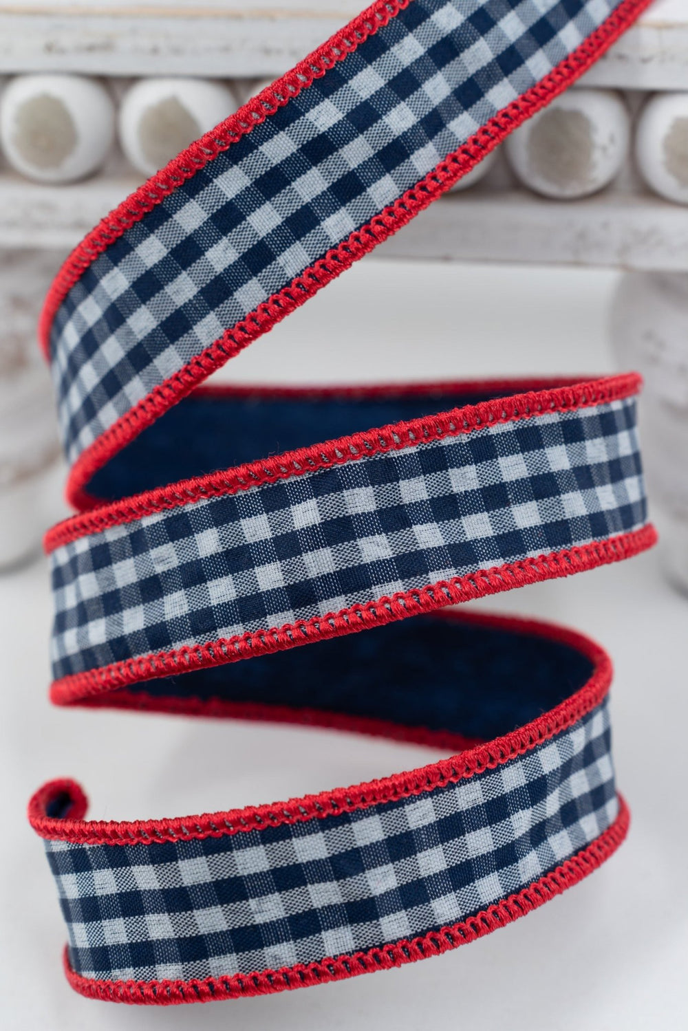 Nancy Brown Home Blue Check With Red Piping Double Sided Wired Ribbon - 1" - Greenery MarketWired Ribbon26-1315A