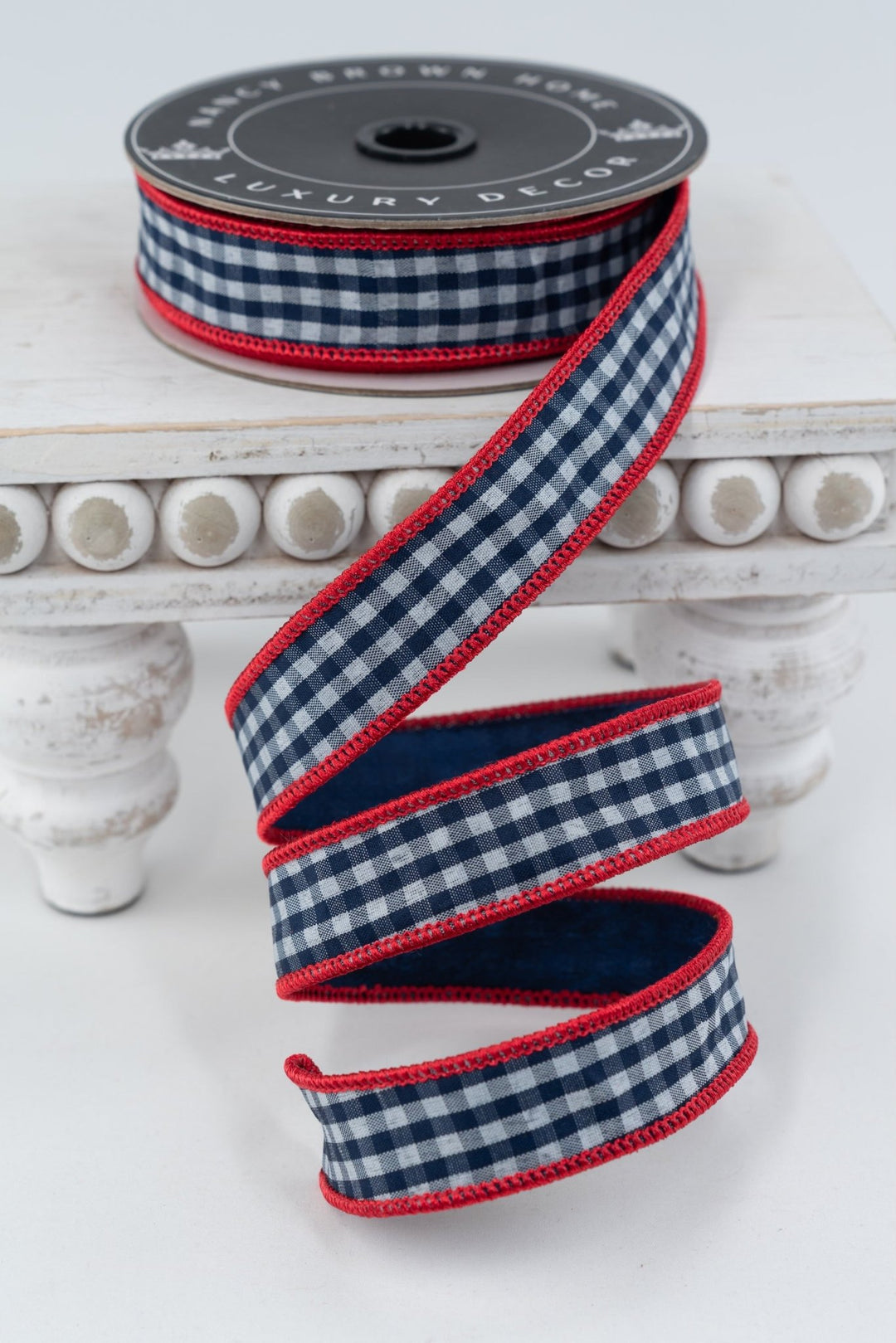 Nancy Brown Home Blue Check With Red Piping Double Sided Wired Ribbon - 1" - Greenery MarketWired Ribbon26-1315A