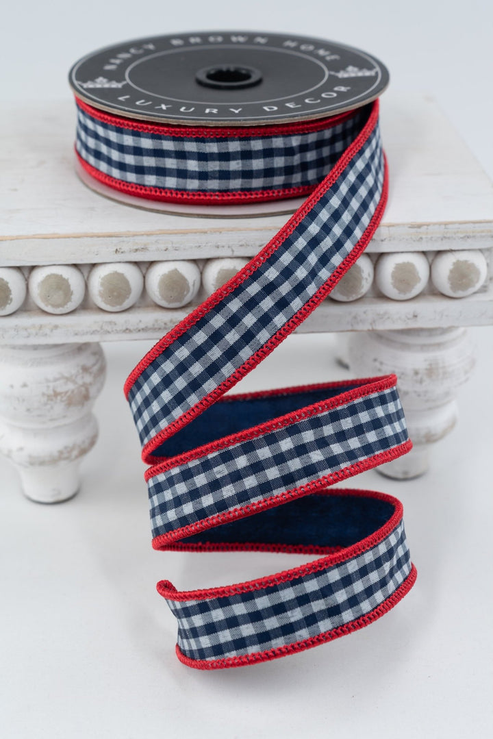 Nancy Brown Home Blue Check With Red Piping Double Sided Wired Ribbon - 1" - Greenery MarketWired Ribbon26-1315A