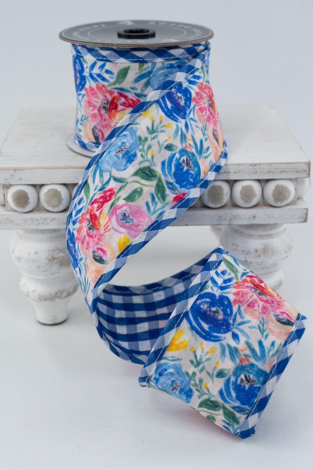 Nancy Brown Home Blue Floral & Gingham Double Sided Wired Ribbon - 2.5" - Greenery MarketWired Ribbon26-9998