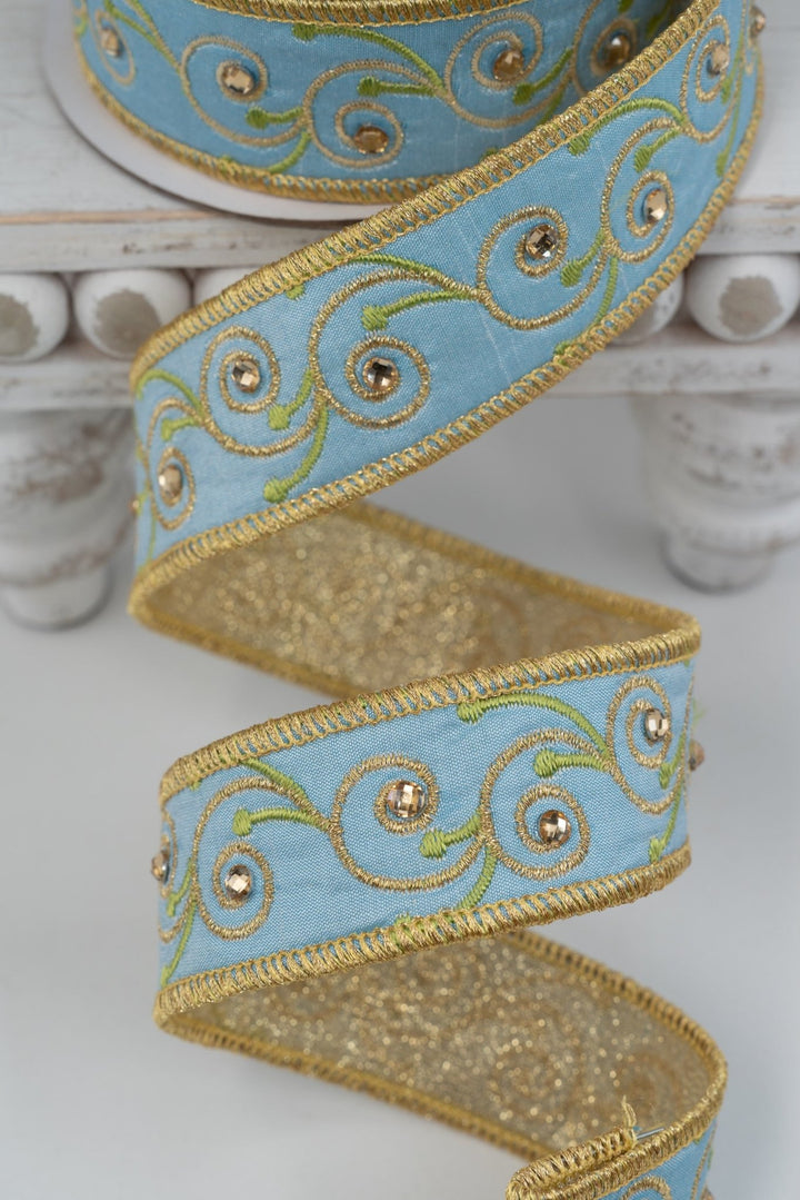 Nancy Brown Home Light Blue & Gold Bling Double Sided Wired Ribbon - 1" - Greenery MarketWired Ribbon26-227A