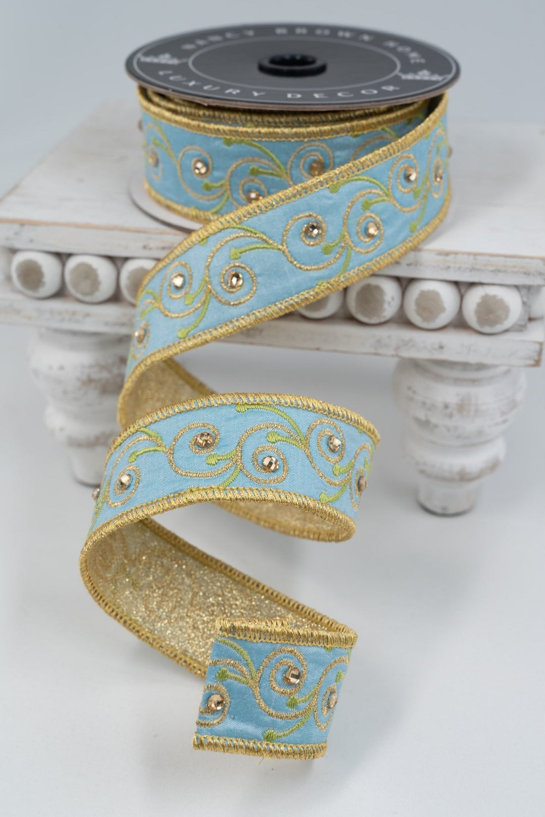 Nancy Brown Home Light Blue & Gold Bling Double Sided Wired Ribbon - 1" - Greenery MarketWired Ribbon26-227A