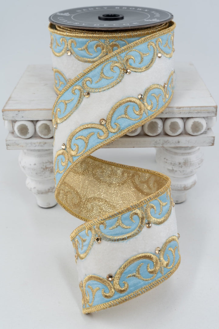 Nancy Brown Home Light Blue & Gold Bling Double Sided Wired Ribbon - 2.5" - Greenery MarketWired Ribbon26-227B
