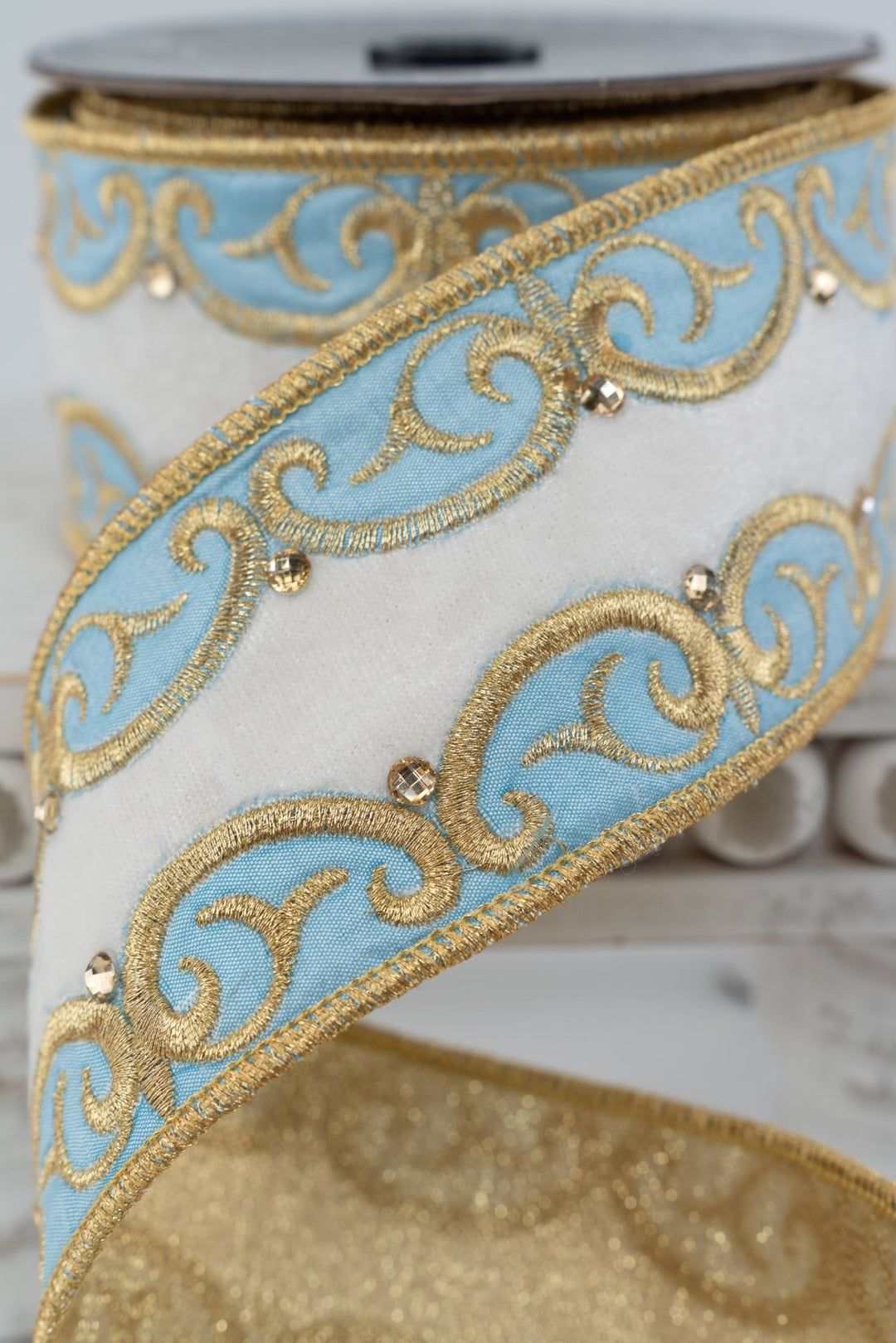 Nancy Brown Home Light Blue & Gold Bling Double Sided Wired Ribbon - 2.5" - Greenery MarketWired Ribbon26-227B