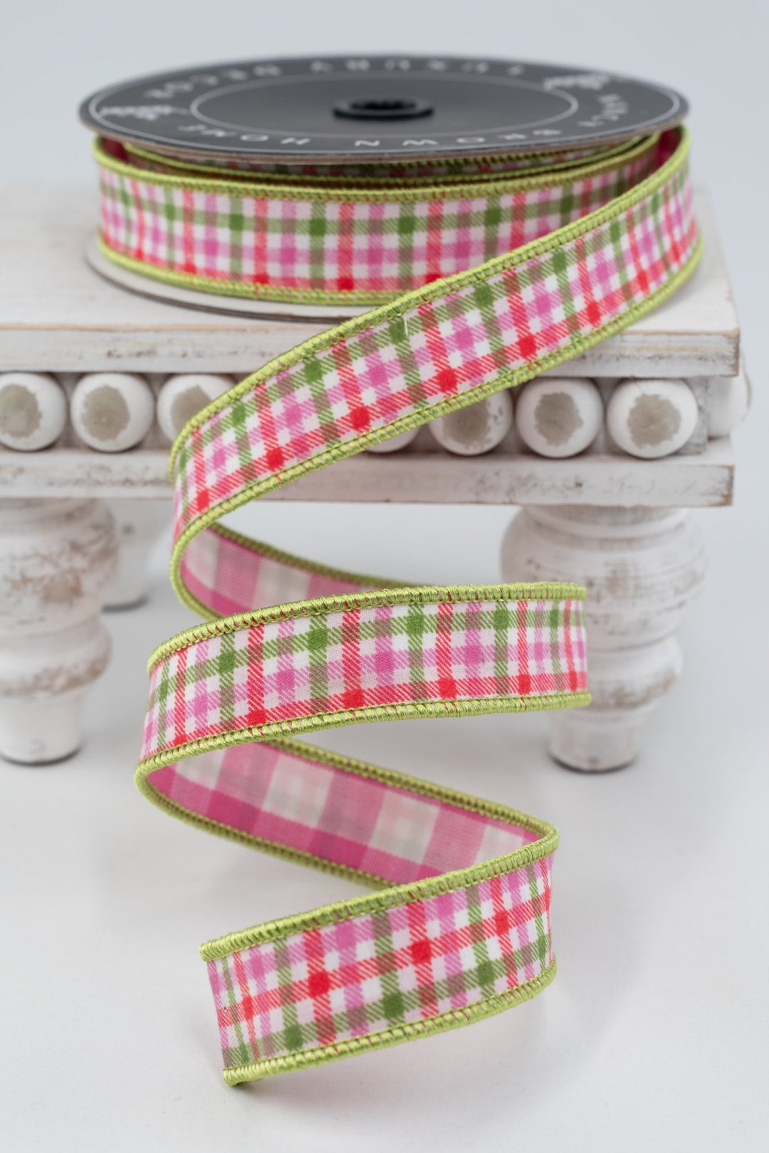 Nancy Brown Home Pink & Green Plaid With Gingham Double Sided Wired Ribbon - 1" - Greenery MarketWired Ribbon26-1279A