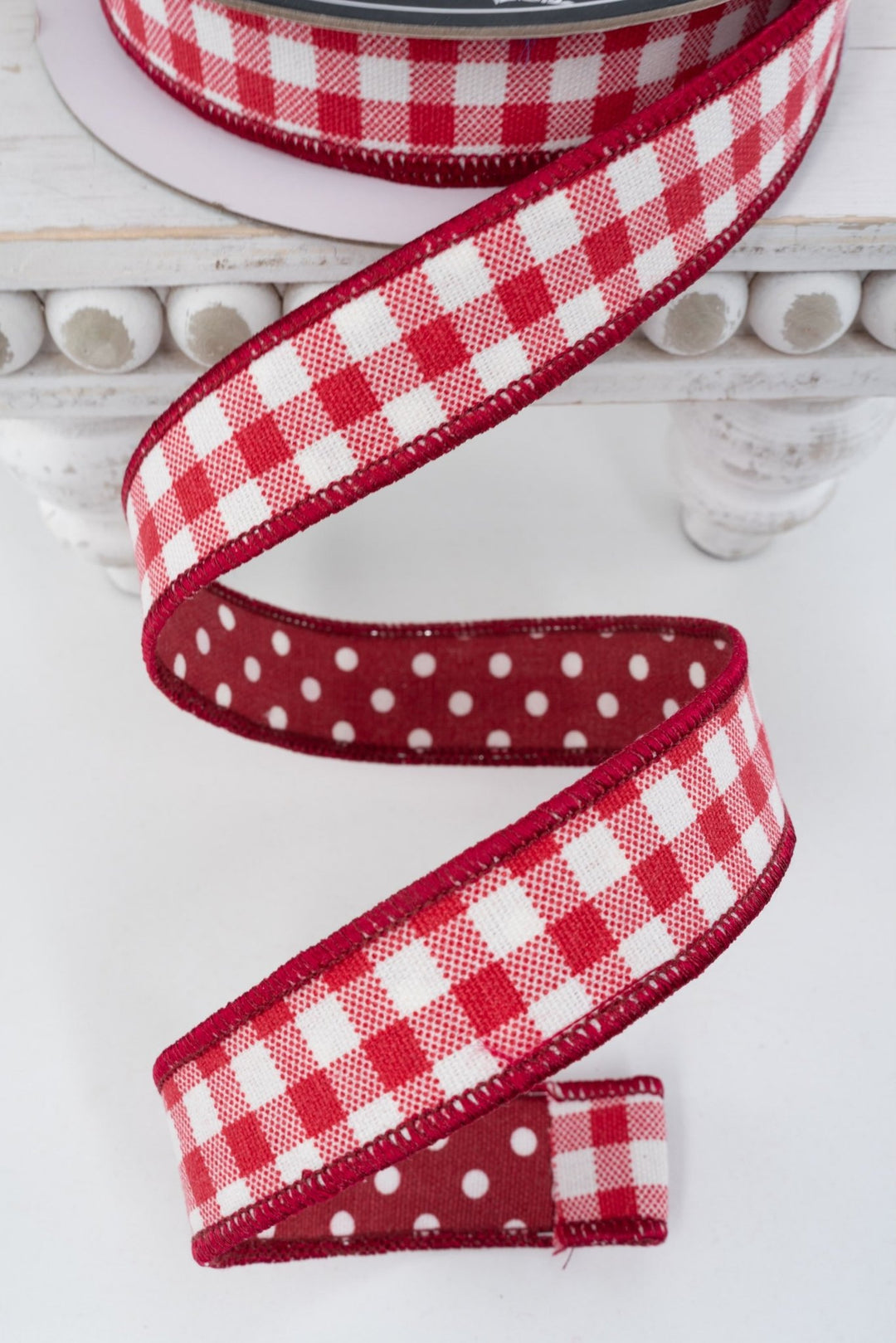 Nancy Brown Home Red Check & Polka Dots Double Sided Wired Ribbon - 1" - Greenery MarketWired Ribbon26-2589A