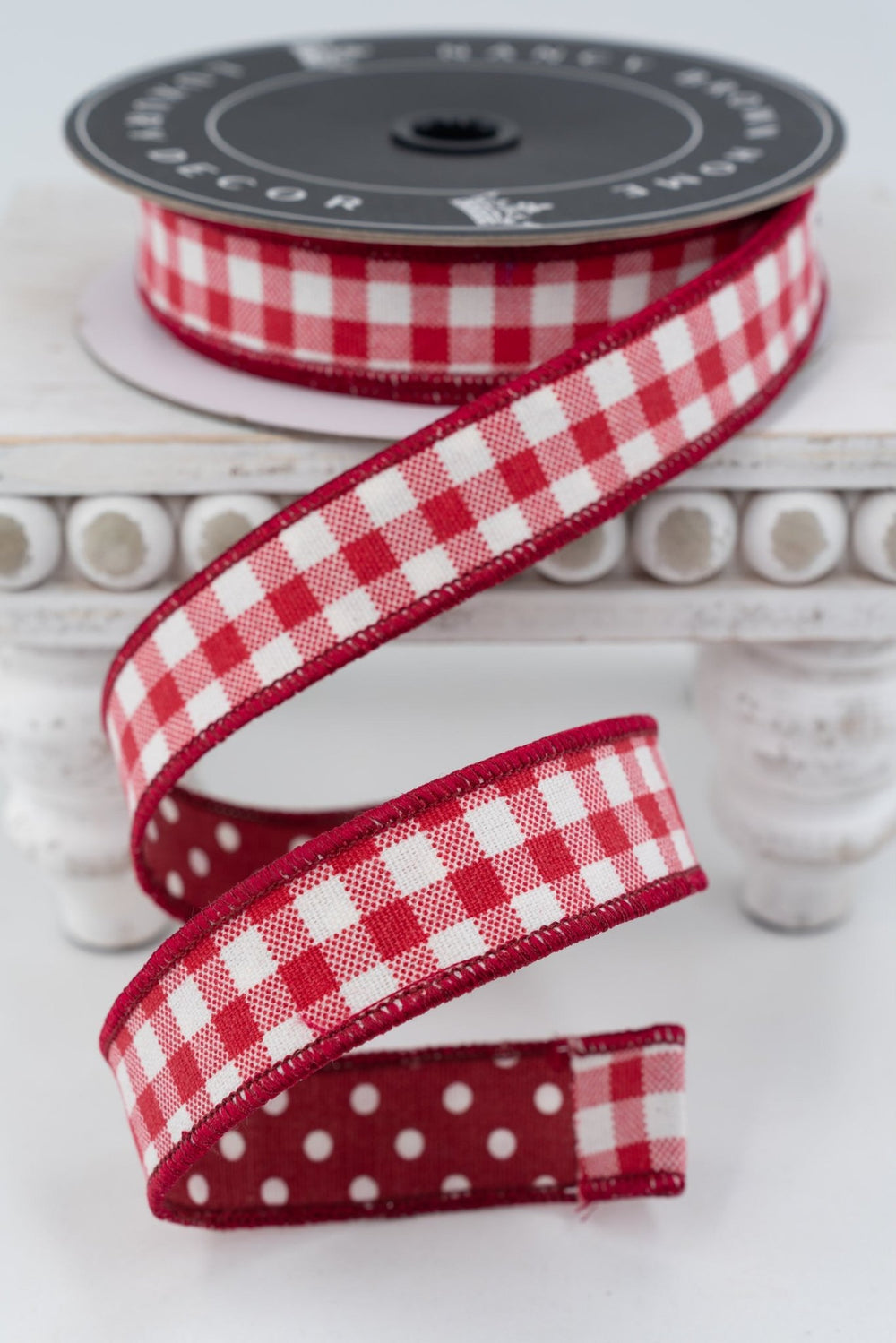 Nancy Brown Home Red Check & Polka Dots Double Sided Wired Ribbon - 1" - Greenery MarketWired Ribbon26-2589A