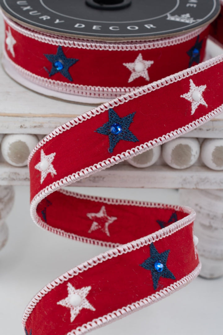 Nancy Brown Home Red Embroidery Star Wired Ribbon With Gems - Greenery MarketWired Ribbon20-22145C