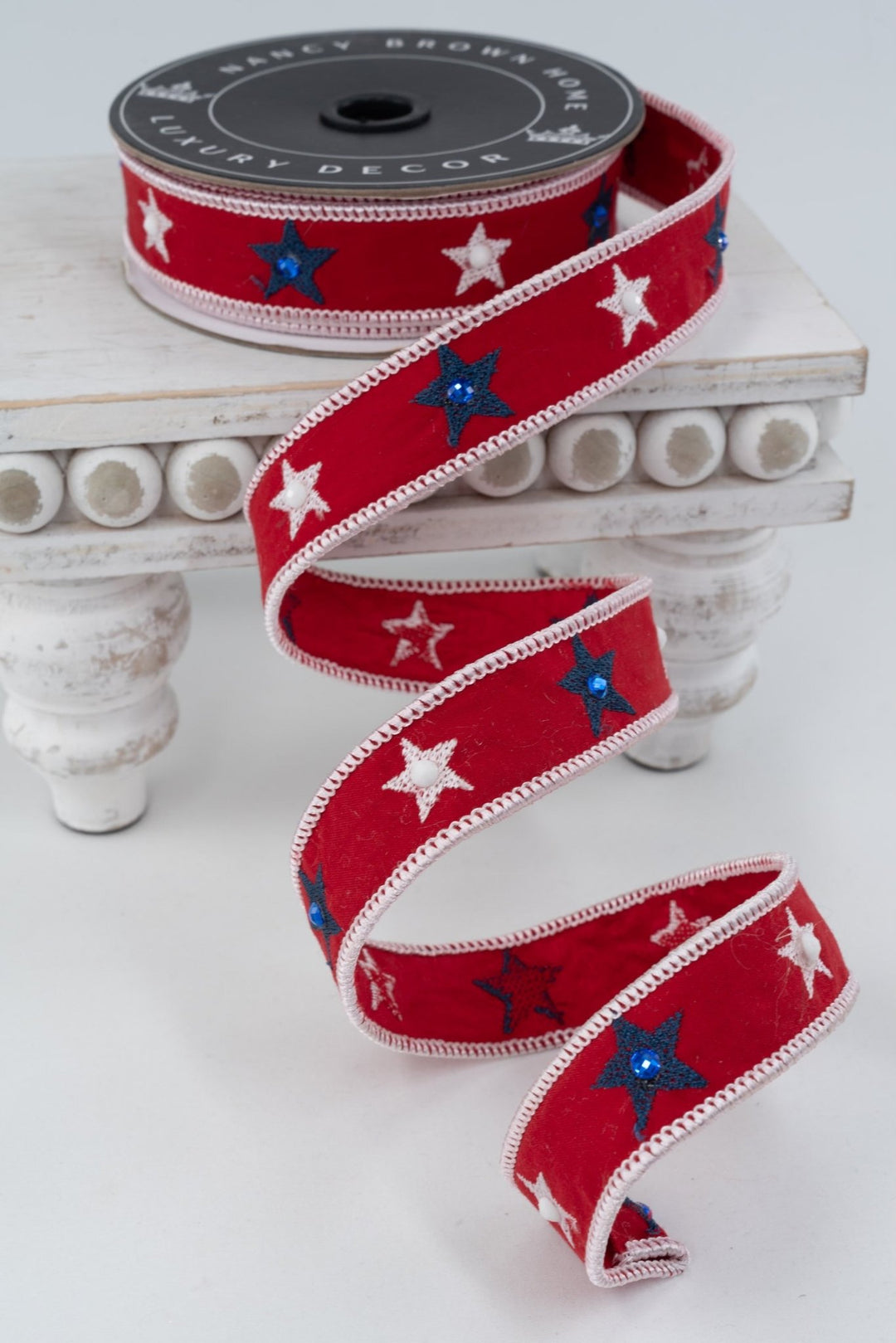 Nancy Brown Home Red Embroidery Star Wired Ribbon With Gems - Greenery MarketWired Ribbon20-22145C