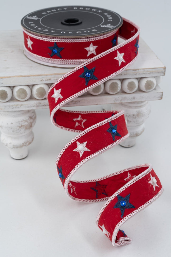 Nancy Brown Home Red Embroidery Star Wired Ribbon With Gems - Greenery MarketWired Ribbon20-22145C