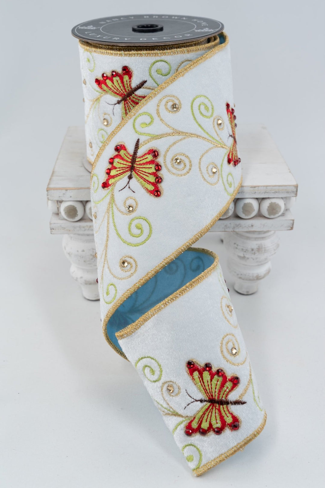 Nancy Brown Home White Velvet Butterfly Double Sided Wired Ribbon - 4" - Greenery MarketWired Ribbon26-227E