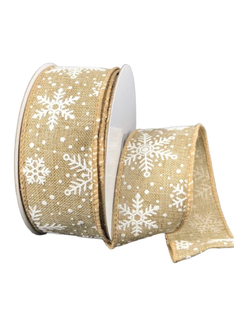 Natural and white shimmering snowflakes wired ribbon , 1.5