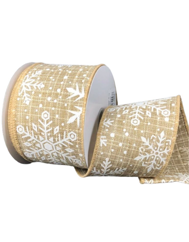 Natural and white shimmering snowflakes wired ribbon , 2.5" - Greenery MarketRibbons & Trim72220 - 40 - 15