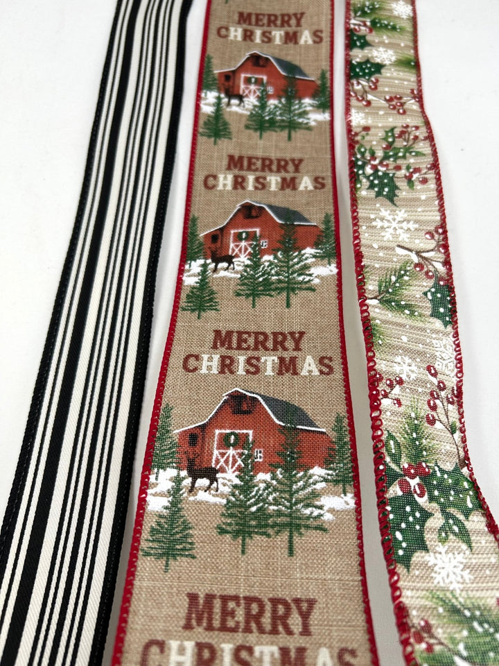 Natural Barn And Holly Christmas Bow Bundle x 3 ribbons - Greenery MarketRibbons & TrimBarnX3