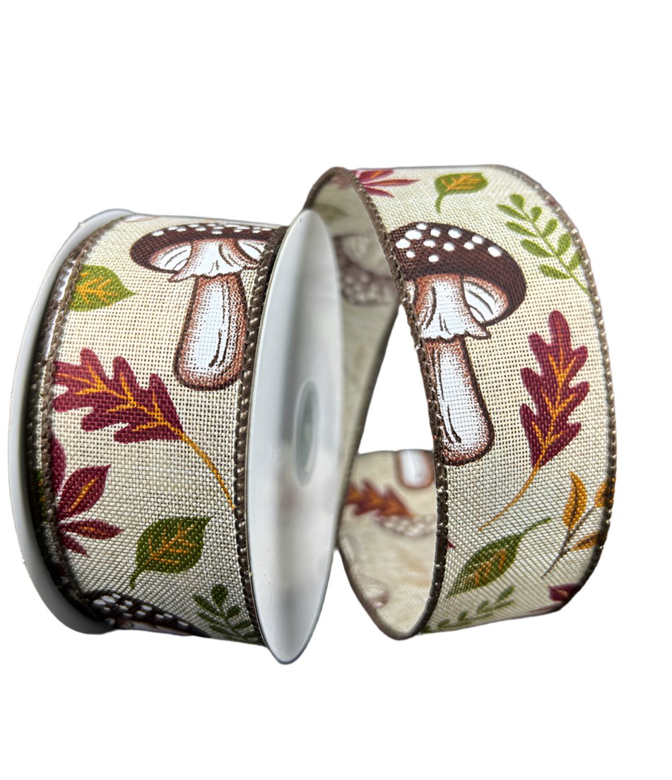 Natural mushrooms and leaves wired ribbon, 1.5" - Greenery MarketWired ribbon61411 - 09 - 15