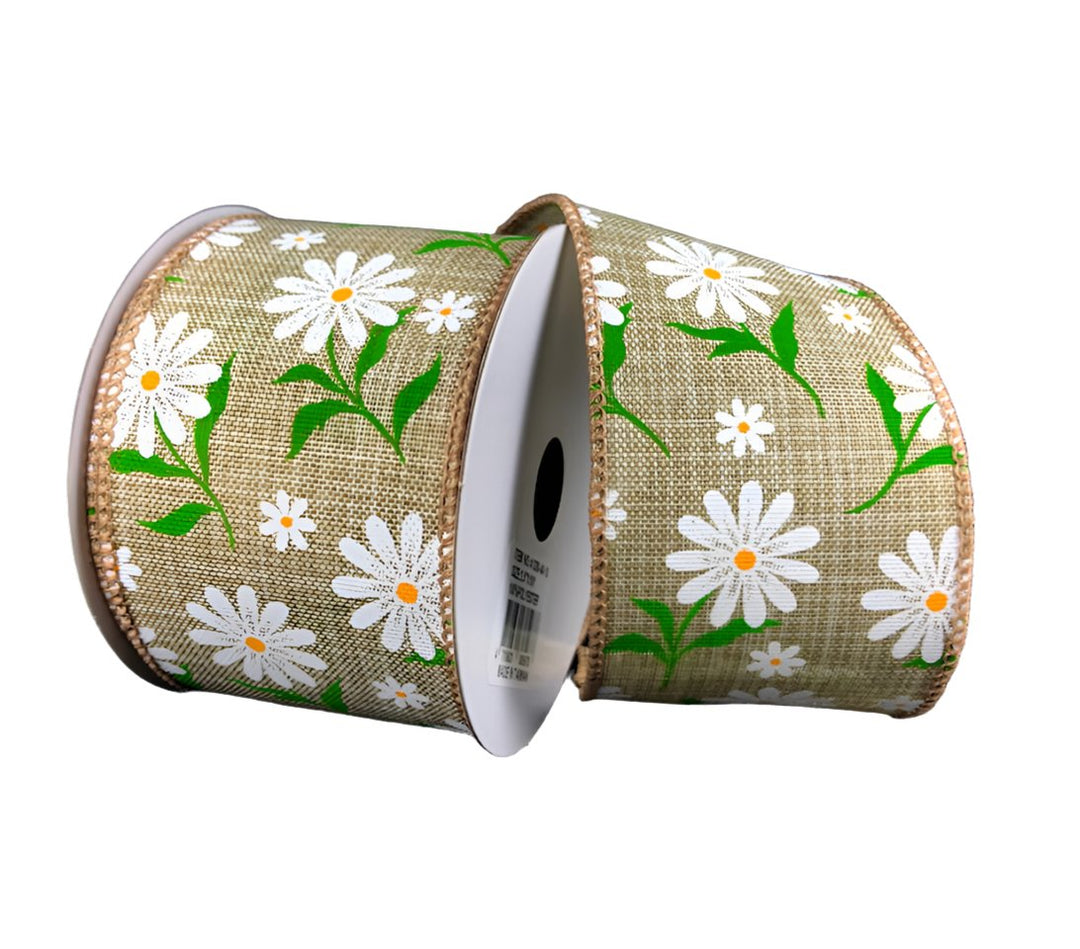 Natural wired ribbon with daisies, 2.5" - Greenery MarketWired ribbon41326-40-15