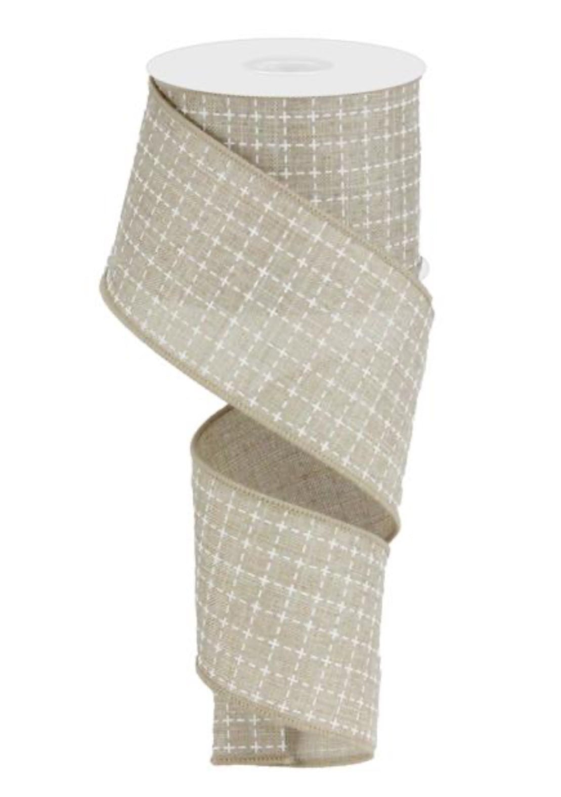 Natural with white Raised stitch, wired ribbon - 2.5” - Greenery Market