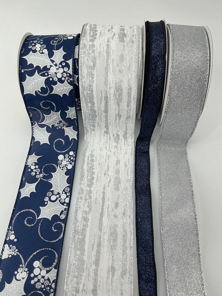 Navy and silver holly ribbon bow bundle X 4 - Greenery MarketRibbons & TrimNavyhollyX4