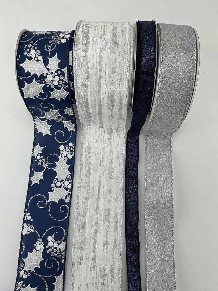 Navy and silver holly ribbon bow bundle X 4 - Greenery MarketRibbons & TrimNavyhollyX4