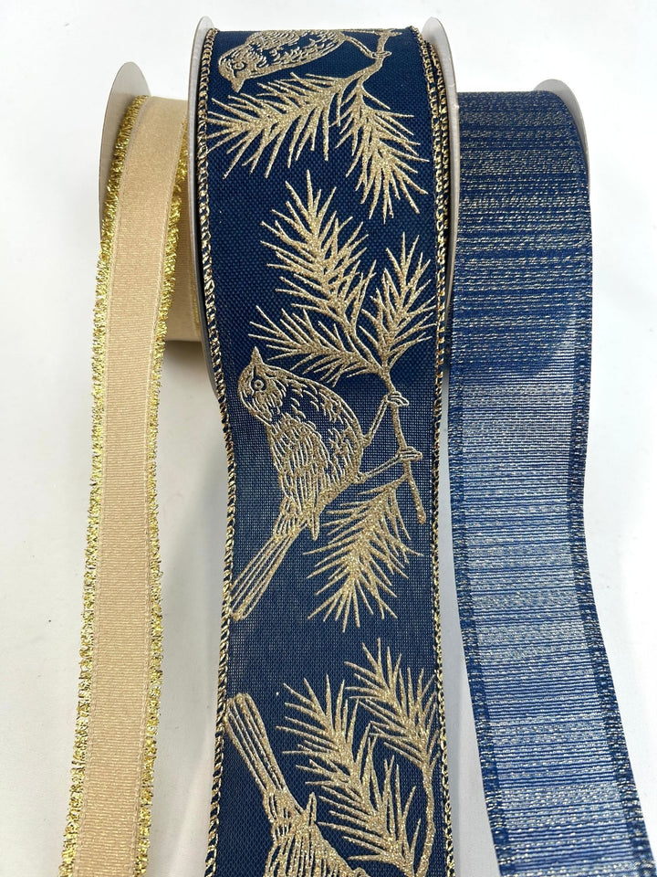 Navy Blue And Golden Bird Bow Bundle x 3 Ribbons - Greenery MarketgoldBirdX3