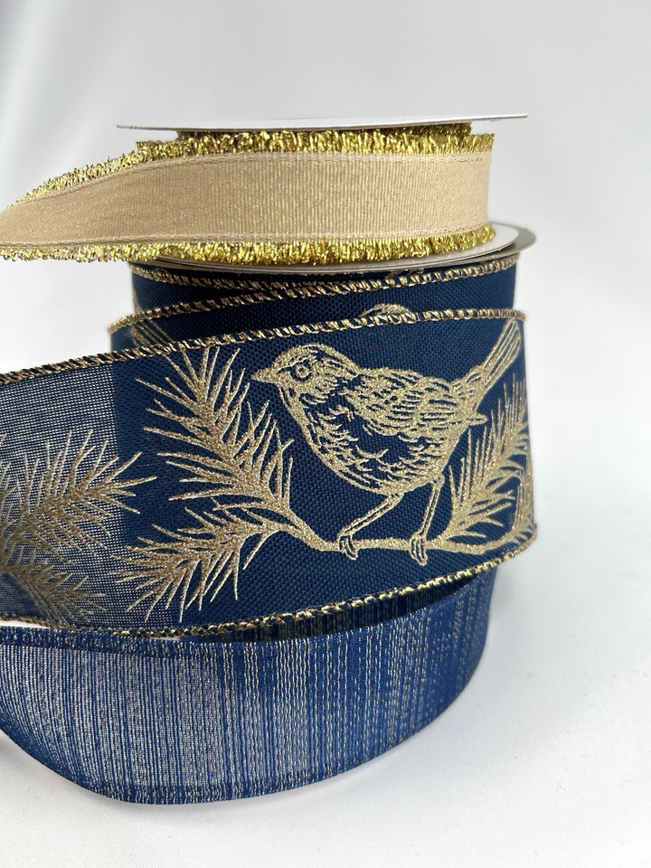 Navy Blue And Golden Bird Bow Bundle x 3 Ribbons - Greenery MarketgoldBirdX3