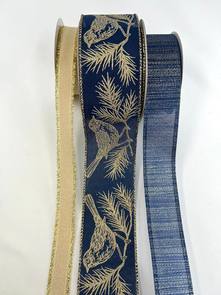 Navy Blue And Golden Bird Bow Bundle x 3 Ribbons - Greenery MarketgoldBirdX3
