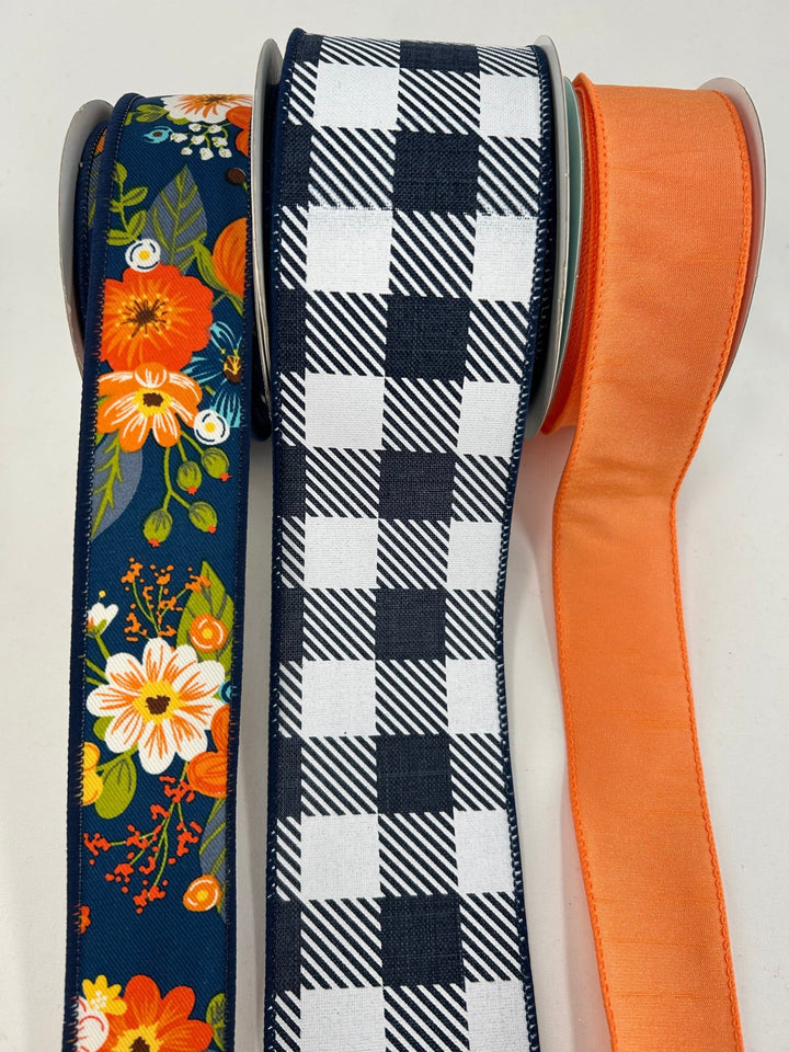 Navy blue and orange floral bow bundle x 3 ribbons - Greenery Market