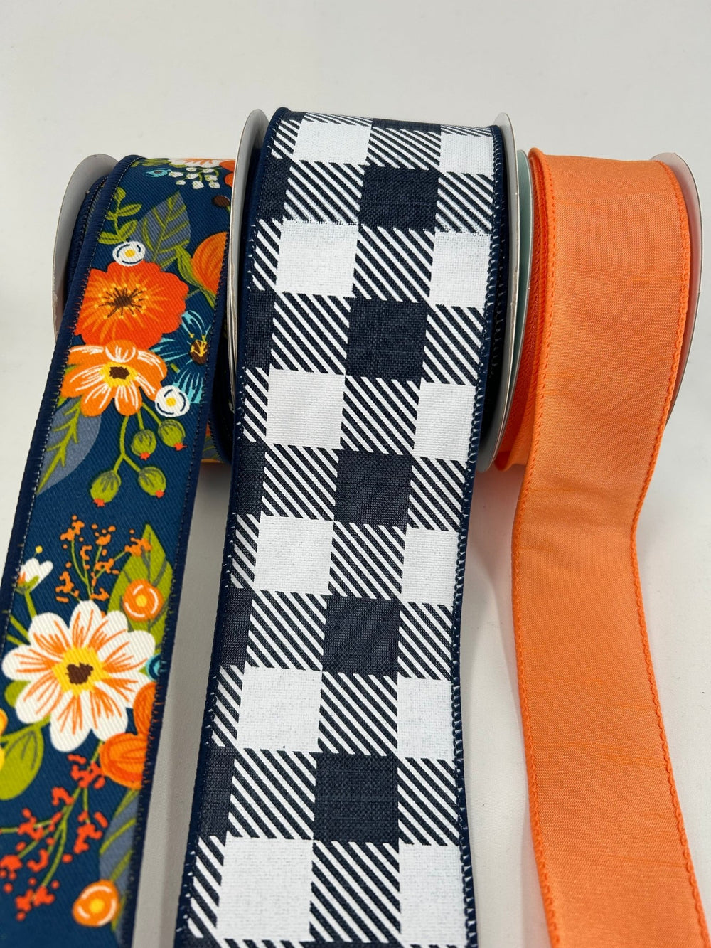 Navy blue and orange floral bow bundle x 3 ribbons - Greenery Market
