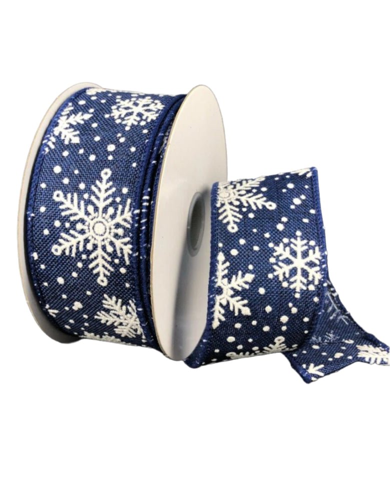 Navy blue and white shimmering snowflakes wired ribbon , 1.5