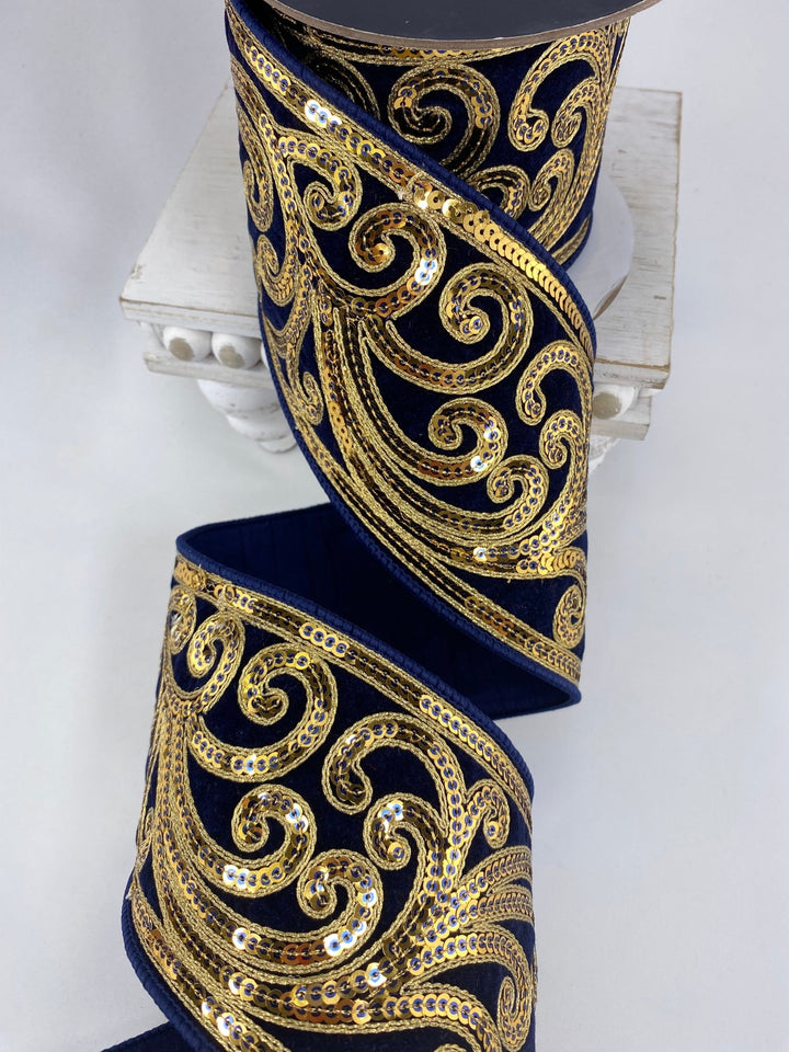 Navy Blue Christmas Scroll Farrisilk Wired Ribbon - 4" - Greenery MarketRK807 - 21
