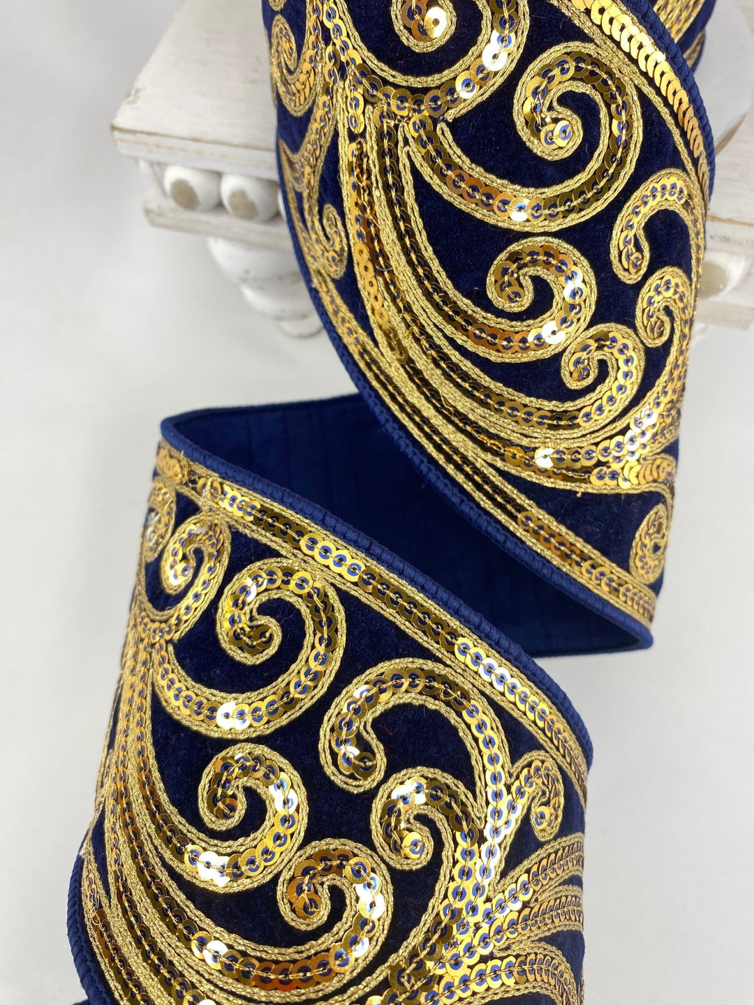 Navy Blue Christmas Scroll Farrisilk Wired Ribbon - 4" - Greenery MarketRK807 - 21