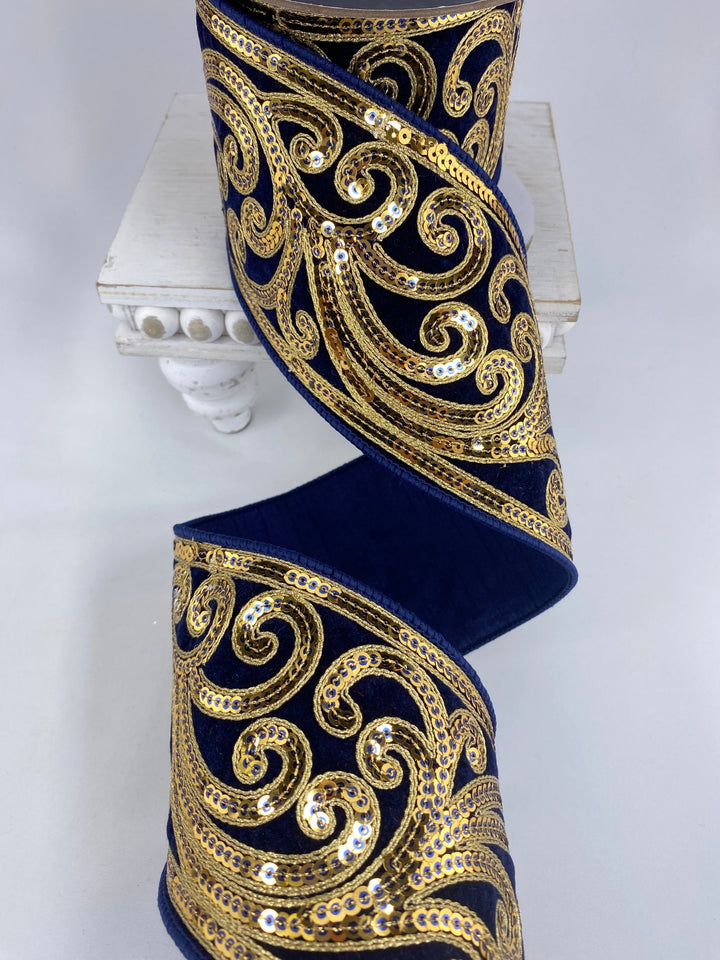 Navy Blue Christmas Scroll Farrisilk Wired Ribbon - 4" - Greenery MarketRK807 - 21