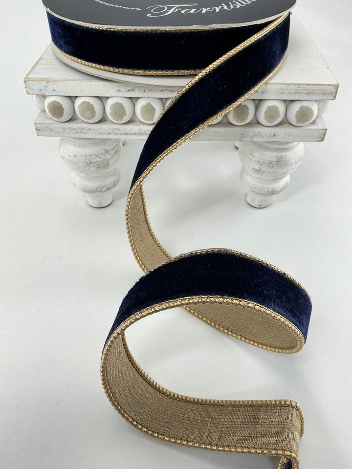 Navy blue & gold plush velvet luster 1” farrisilk wired ribbon - Greenery MarketRibbons & TrimRK130 - 11