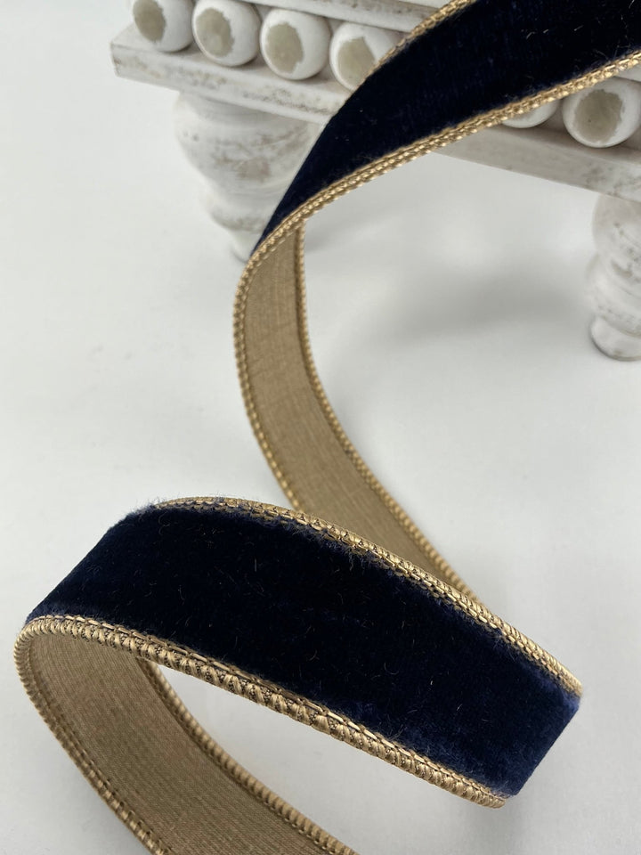 Navy blue & gold plush velvet luster 1” farrisilk wired ribbon - Greenery MarketRibbons & TrimRK130 - 11
