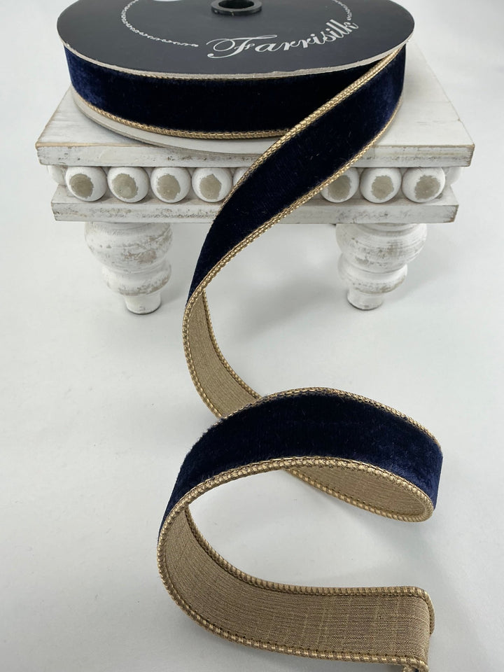 Navy blue & gold plush velvet luster 1” farrisilk wired ribbon - Greenery MarketRibbons & TrimRK130 - 11
