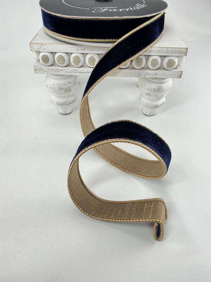 Navy blue & gold plush velvet luster 1” farrisilk wired ribbon - Greenery MarketRibbons & TrimRK130 - 11